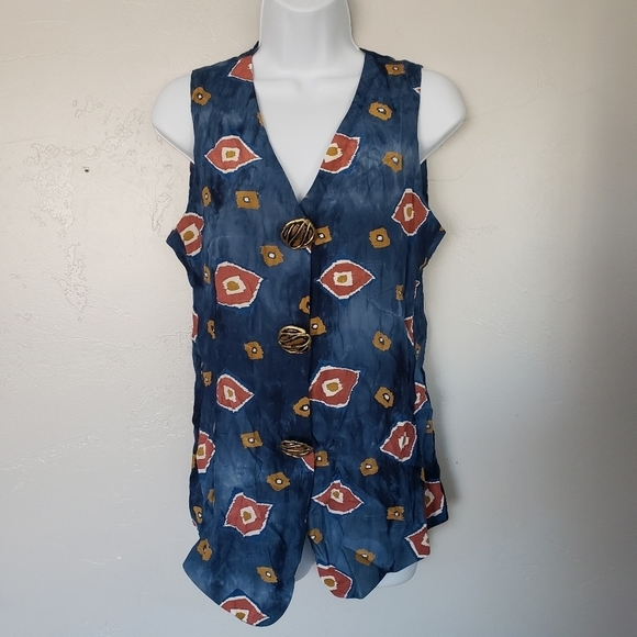 Marsha Brander for Componix Vintage Women's 6 Blue Vest Button Up Gold Aztec Top - Picture 1 of 7